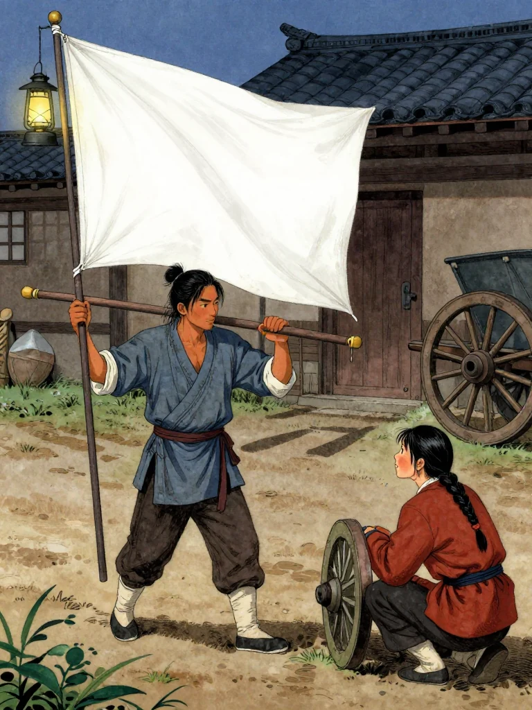 석운담 carries the repaired flagstaff horizontally in both hands across the night courtyard, its mended joint and plain charred fabric clear in the lantern glow. 유마향 kneels beside the stable and oils a cart wheel axle, observing him in silence. Long shadows cross packed earth between the flagstaff, stable door, and waiting cart. Setting: 거안표국 마당. Visible objects: 꺾인 원행 표기.