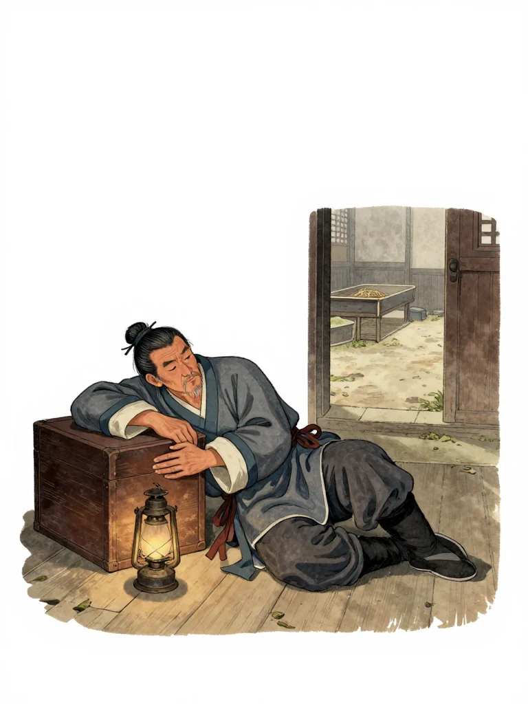 주노정 lies on the floor of a dim inn back room with one cheek resting on a knee-high paulownia chest, both arms wrapped around it. A guttering oil lamp warms the worn boards while the first gray light reaches an open doorway toward an empty stable. Feed remains in bare troughs beyond. Visible objects: 주노정의 장부 궤.