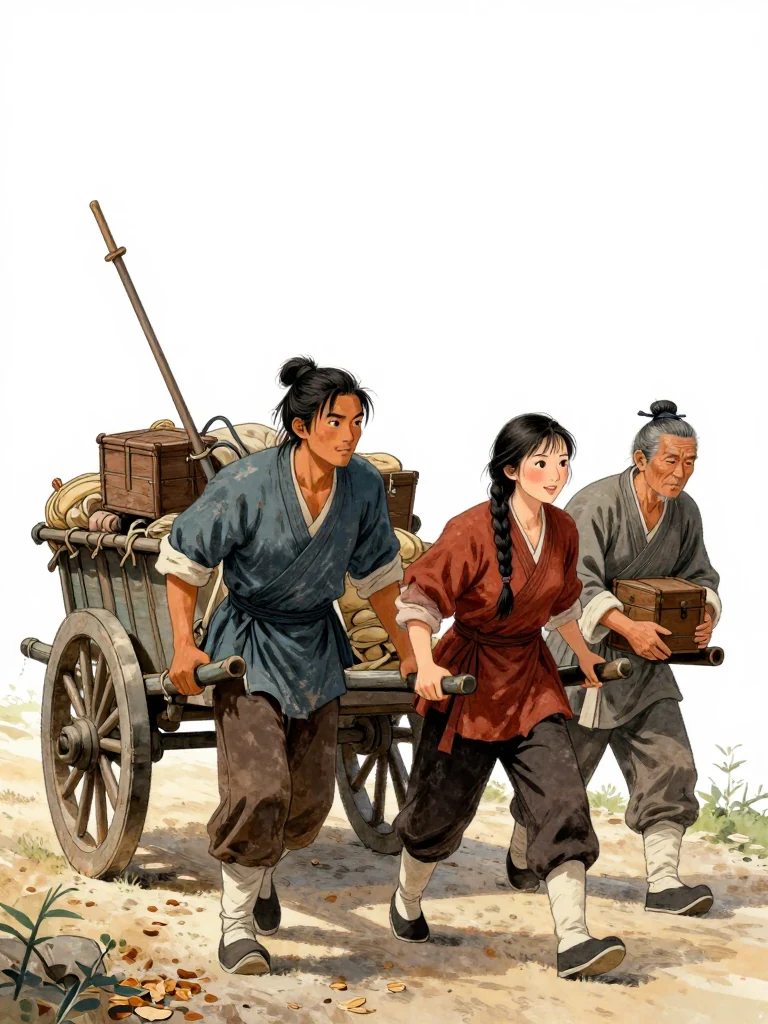 석운담 leans into the main shaft of a laden handcart, shoulders bowed as the repaired flagstaff rides diagonally across their back. 유마향 grips the side shaft and matches the strained pace. 주노정 sits among the load with both arms locked around a knee-high wooden chest. Dry leaves scatter beneath the wheels in cold dawn light. Visible objects: 주노정의 장부 궤 and 꺾인 원행 표기.