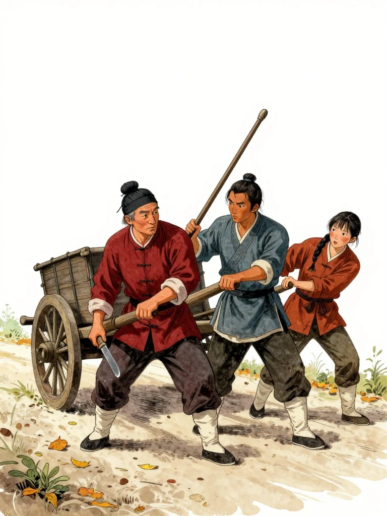 초무경 drives a broad single-edged blade downward toward the loaded cart shaft as a split leaf spins through the air. 석운담 keeps the main shaft locked against their shoulder and braces beneath the diagonal flagstaff on their back. 유마향 strains at the side shaft behind them. The chest remains secured on the cart along an autumn road. Visible objects: 주노정의 장부 궤 and 꺾인 원행 표기.