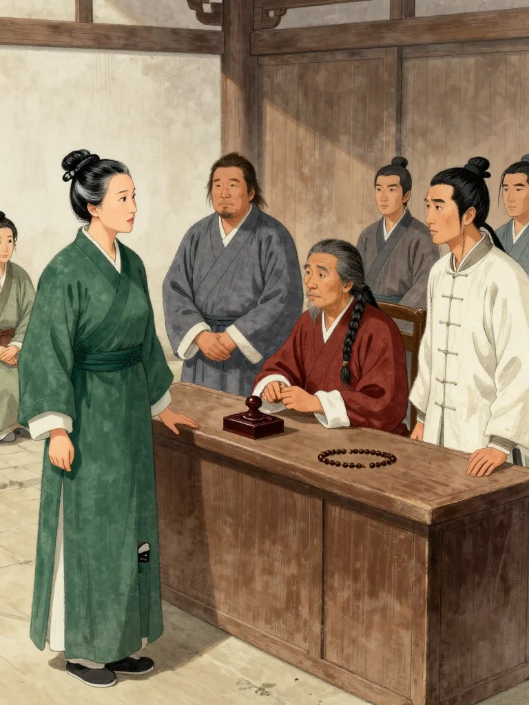 여관영 stands at the speaking place after the testimony, one hand planted beside the evidence display. 온백규 pauses over a polished seal at the presiding table. 소만금 sits among the directors with prayer beads held motionless, while 소백원 remains behind the chair. Uneasy faces ripple through the timbered guild hall under cool midday light. Setting: 백하성. Visible objects: 주노정의 장부 궤 and 꺾인 원행 표기.