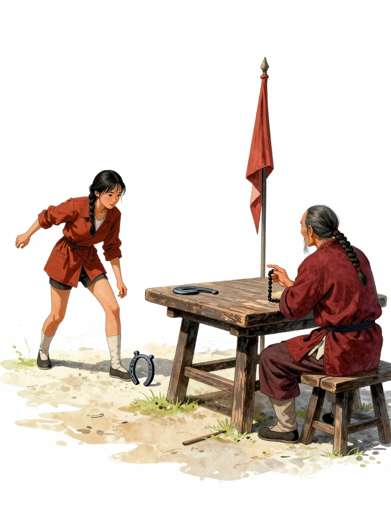 유마향 releases a dark horseshoe above the guild hall floor, letting it roll toward the directors' table. 소만금 remains seated as their fingers halt on one prayer bead, their gaze dropping to the iron arc near their feet. The broken escort flag rests on the nearby evidence stand while bright hall light catches the worn wood and metal. Setting: 백하성. Visible objects: 꺾인 거안의 표기.
