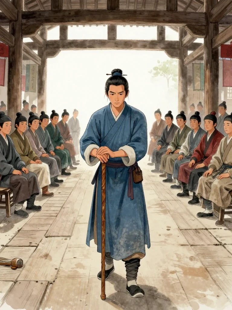 하일평 stands at the witness place in the crowded timbered guild hall, both hands resting on the head of a walking stick. The injured leg bears their weight as they face the assembled directors with a steady lowered gaze. Rows of listeners have gone still, and cool daylight lies across the worn boards around them. Setting: 백하성.