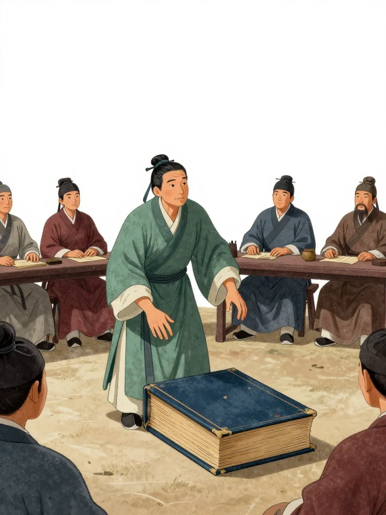 가승 reaches toward a heavy closed bound volume as it slips from their arms onto the guild hall floor. Their shoulders fold inward, their hands remain half closed, and their eyes lift toward the presiding table. Seated directors surround them in tense silence while cool light reveals the contrasting thickness of the volume's worn sections. Setting: 백하성.