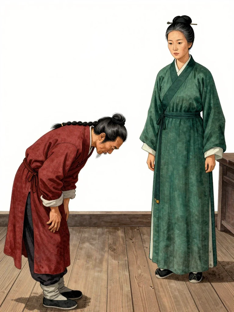 소만금 stands tall and composed, hands clasped, bowing deeply to the hall. 여관영 stands still, posture rigid, gaze fixed forward. The wooden floor reflects dim light, and silence hangs heavy. The scene is framed tightly on their upper bodies and faces, capturing the weight of the moment.