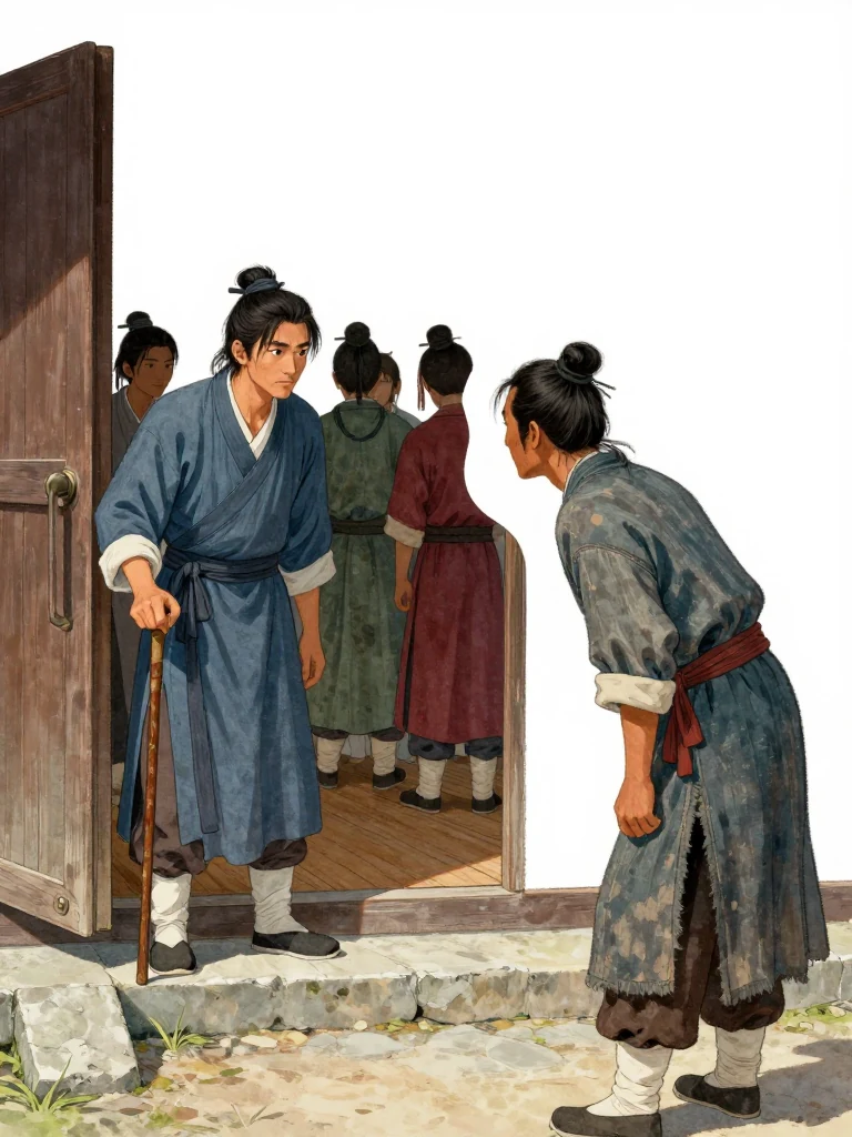 하일평 pauses at the open guild hall doorway and lowers their head first, one hand steadying a walking stick beside the injured leg. 석운담 meets that gaze from inside the threshold, then answers with a deeper bow. The crowded chamber recedes behind them as pale midday light divides the stone step from the warm timber floor. Setting: 백하성.