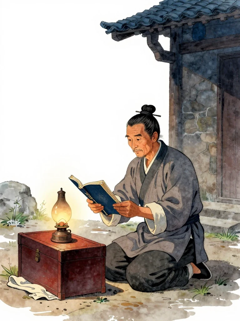 주노정 kneels beside a low oil lamp in the night courtyard, holding a worn bound volume open with its flat surface angled away from view. A knee-high paulownia chest rests beside them with folded oiled cloth tucked beneath its lid. Amber light pools over their still hands while deep shadows gather under the stable eaves. Setting: 거안표국 마당. Visible objects: 주노정의 장부 궤.