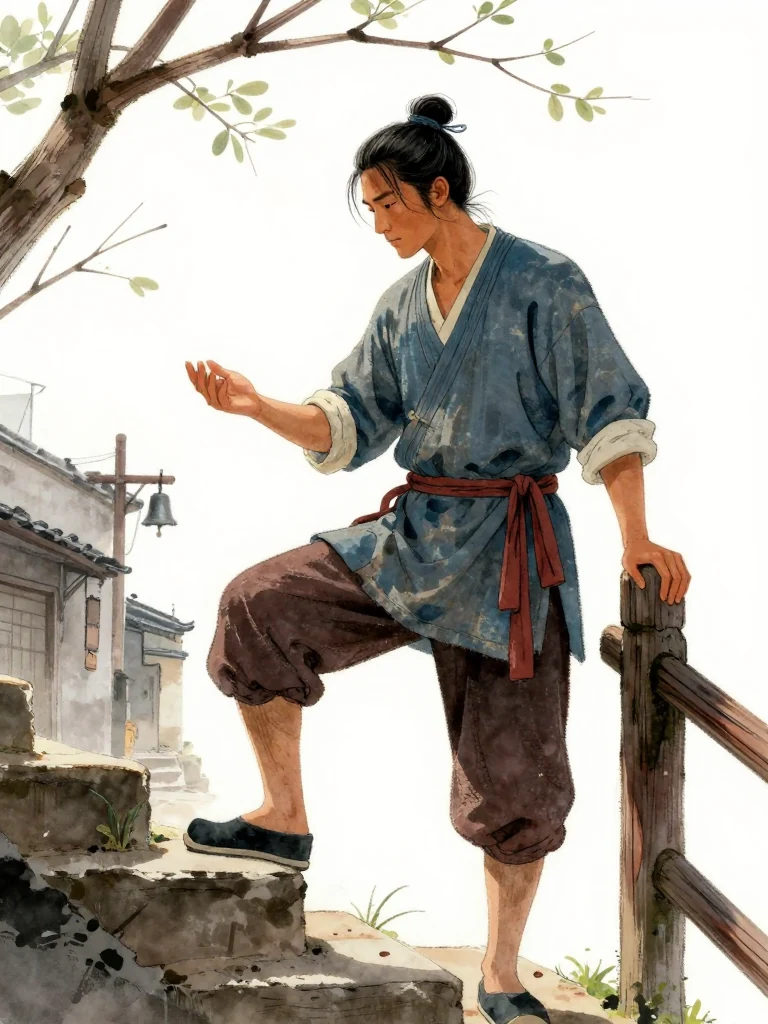 석운담 stands frozen at the first step of an outdoor staircase, left leg suspended in midair, right hand gripping the railing. He stares down at his own hand. Morning light filters through bare branches. A distant alleyway hums with the sound of a bell. The first day of reckoning has arrived.