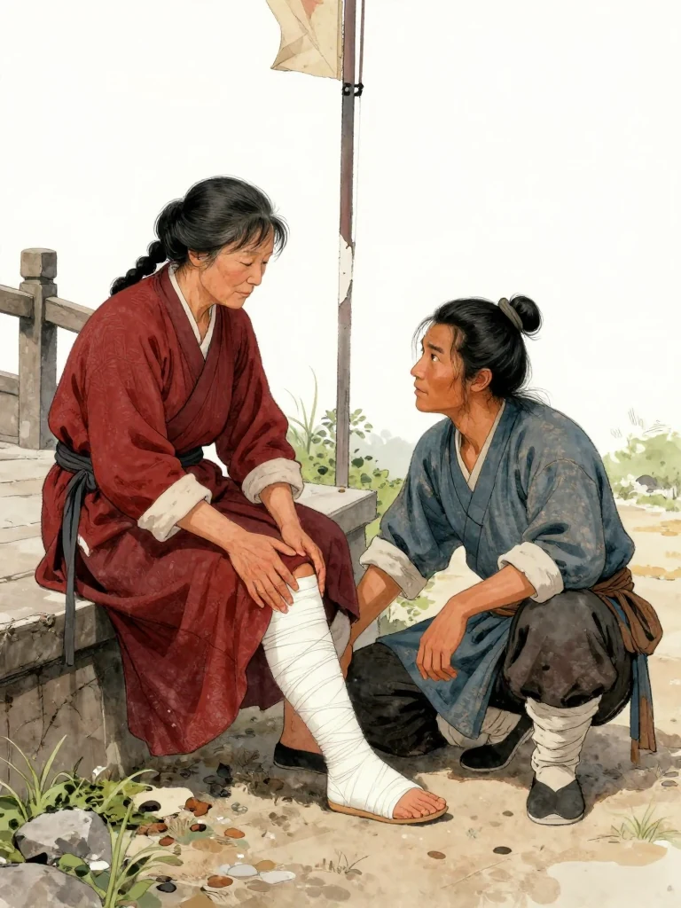 범매고 crouches beside 석운담 on the courtyard step, one practiced hand supporting the injured knee and the other pressing carefully along the shin. The seated patient leans rigidly against the railing and studies the healer's face. Clear morning light falls across the wrapped leg and weathered steps while the visibly repaired flagstaff stands deeper in the quiet yard. Setting: 거안표국 마당. Visible objects: 꺾인 원행 표기.