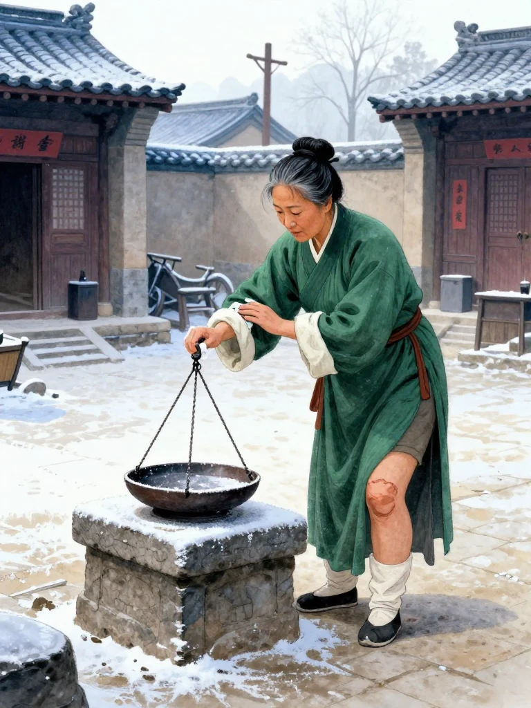 여관영 wipes white frost from an iron weight with one sleeve beside the stone scale in the cramped bureau courtyard. The first cold light catches the metal and the thin frost whitening the paving stones, feed trough, and cart ruts. The stable, storehouse, and low residence enclose the quiet dawn as the careful inspection begins. Setting: 거안표국 마당. Visible objects: 거안의 돌저울.