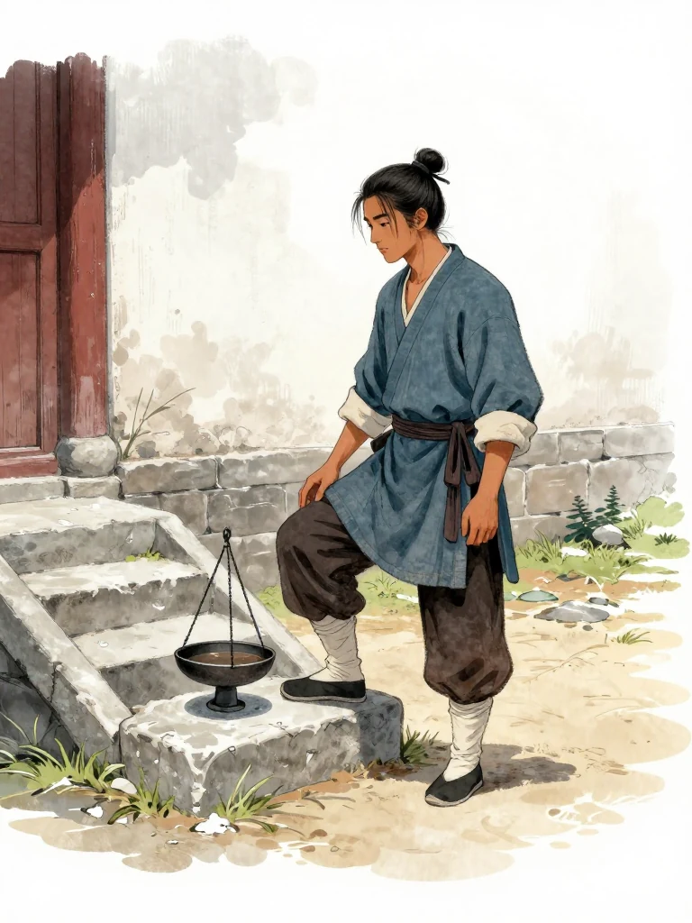 석운담 stands beside the stone scale in the familiar bureau courtyard, one foot planted carefully near the first weathered step. Their hands hang loose while their gaze settles on the stair and the frost-bright iron weight. Pale dawn reaches the stable wall and shallow cart ruts, making the regained footing feel measured against the cold ground. Setting: 거안표국 마당. Visible objects: 거안의 돌저울.