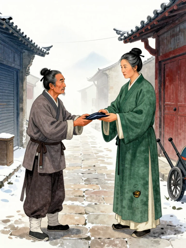 주노정 extends a thin packet wrapped in dark oiled cloth toward 여관영 in a narrow market alley. The recipient takes it with both hands and keeps the folded surface turned inward against the robe. Frost edges the paving stones beneath a pale winter sky, while shuttered pawnshop doors and a waiting handcart frame the quiet transfer. Setting: 백하성.