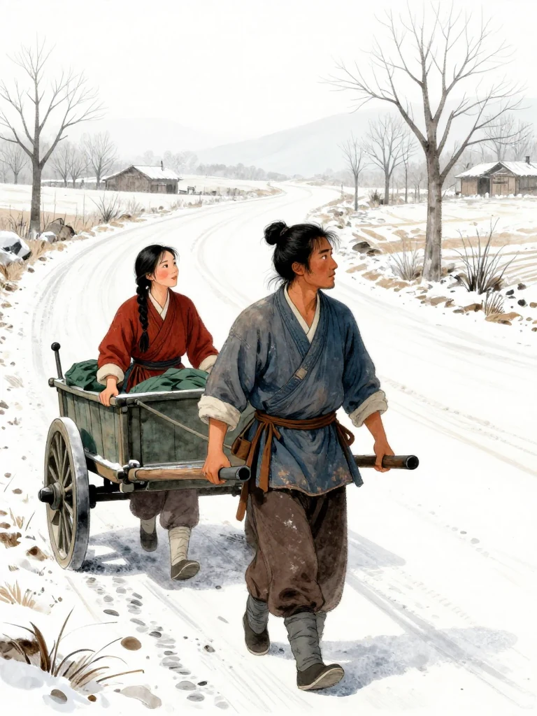 석운담 walks at the lead of a laden handcart along an empty frost-hardened road, scanning the bends ahead. 유마향 keeps the reins close and studies the silent verges. Bare fields, leafless trees, and pale winter light stretch around the small convoy as its wheels follow clean, unblocked ruts toward the distant roadside inn.