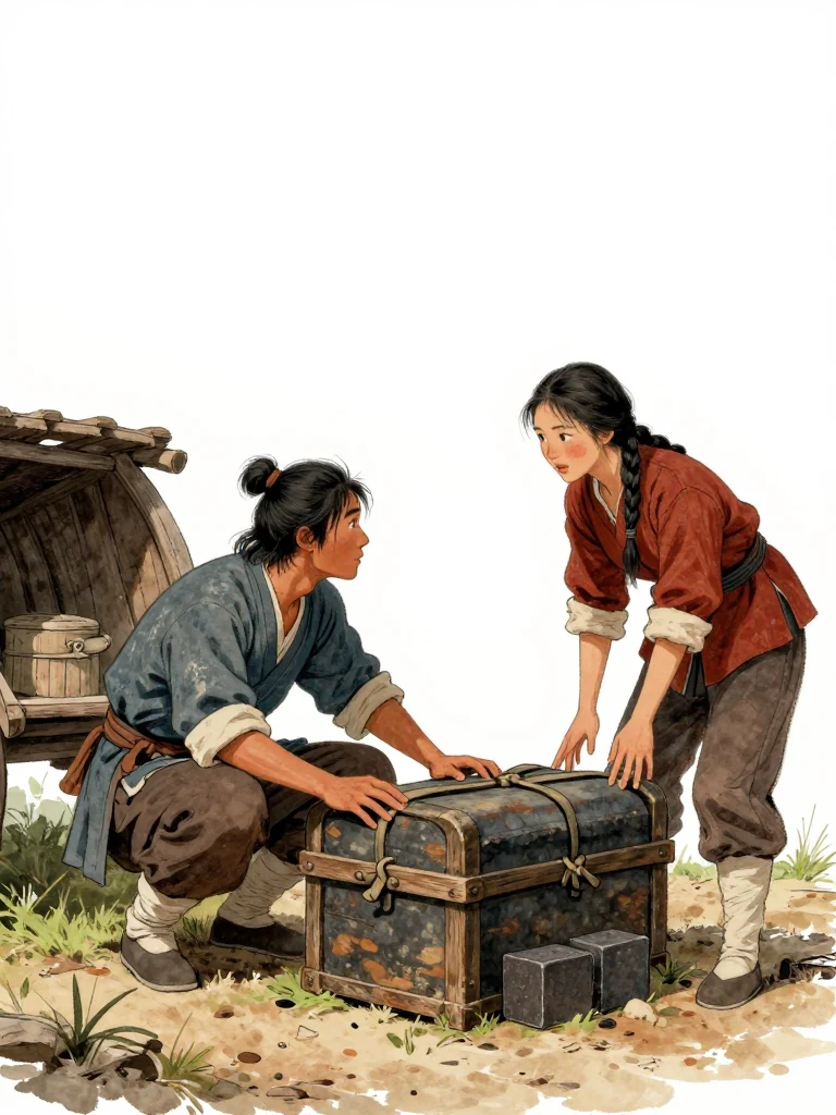 석운담 crouches beside the sealed chest in a roadside inn storehouse and slides one hand beneath the coarse wrapping and wooden load frame. 유마향 leans close over the cart shaft, following the search. Two oilcloth-wrapped iron blocks press against the underside of the load while cold dawn enters through the stable doorway and lights the packed earth.