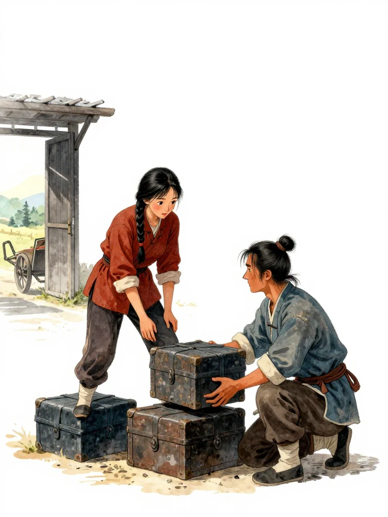 유마향 stands over two oilcloth-wrapped iron blocks on the storehouse floor, feet planted clear of them as a cold gaze measures their weight. 석운담 kneels beside the sealed chest with one block lifted in both hands. The handcart waits under the inn rafters while gray dawn reaches through the open stable door and catches the bare metal edges.
