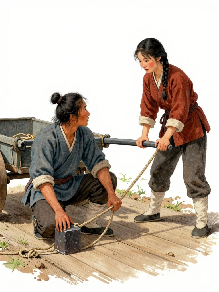 석운담 crouches under the handcart and pulls a stout rope tight around one bare iron block against the wooden floor slats. 유마향 steadies the shaft and studies the secure knot from the cart's side. Cold morning light enters the inn yard, picking out packed earth, worn wheels, and the deliberate evidence load prepared for the road.