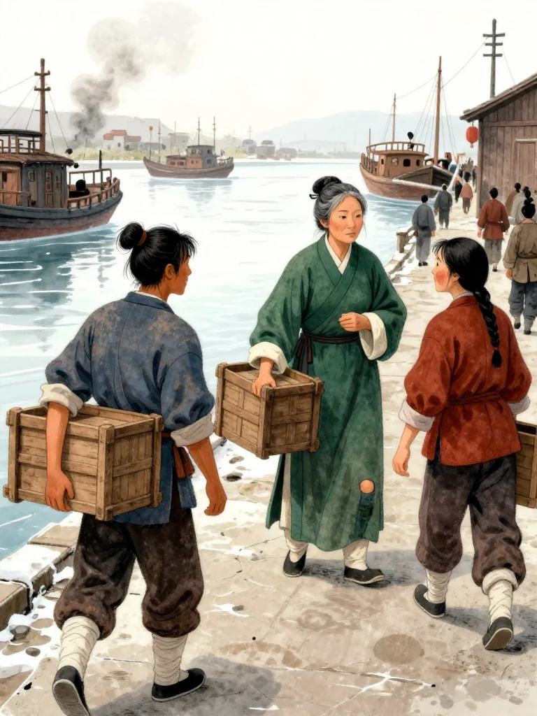 석운담 studies the varied backs and footwork of dock laborers carrying soot-branded wooden crates along the winter wharf. 여관영 stands beside one crate with a folded rubbing held inward against the robe, while 유마향 scans the crowded route between boats and warehouses. Thin river ice, dark water, and rising brand smoke define the unfamiliar city. Setting: 운주부.