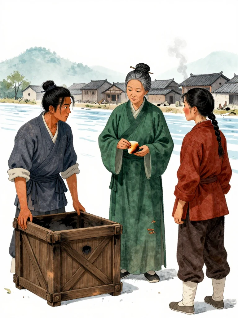 석운담 stands beside a soot-dark wooden crate and studies the scorched impression in its grain. 여관영 holds a folded seal rubbing close to the burn mark with every flat surface turned inward, while 유마향 traces the line of crowded warehouse roofs. Cold river light, thin ice, and drifting brand smoke give the comparison a clear physical direction. Setting: 운주부.