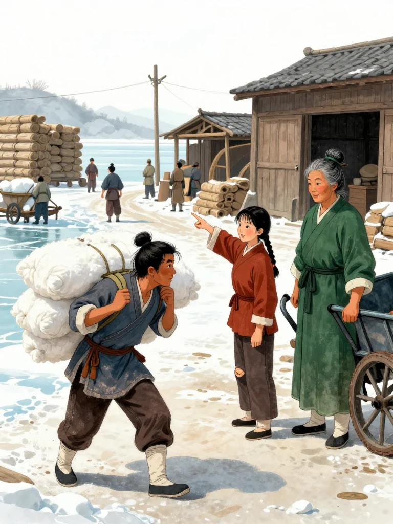 석운담 bends beneath a bundled salt load and settles the carrying straps across their shoulders at the busy winter wharf. 유마향 points out the route from the landing to the warehouse doors, while 여관영 stands by the empty handcart and surveys the remaining work. Thin ice rims the water as laborers move between stacked loads and timber sheds. Setting: 운주부. Visible objects: 소금 가마니.