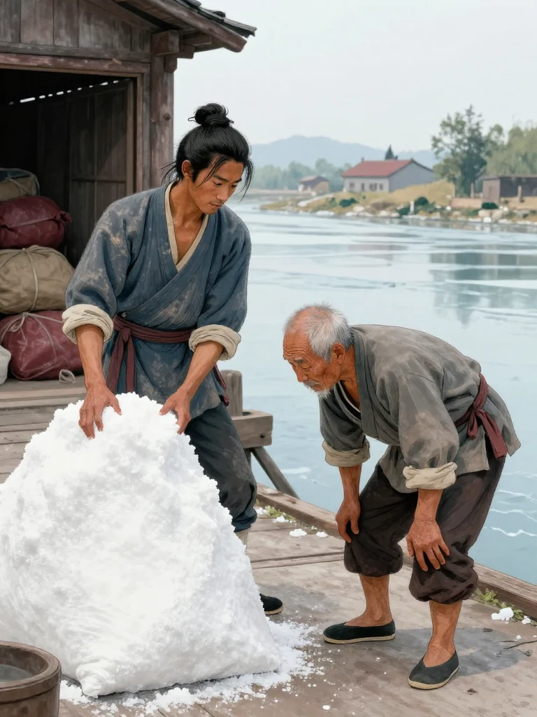 석운담 lowers a bundled salt load onto the wharf while an elderly porter with a deeply bowed back studies the carrier's feet. The old worker rubs one knee and leans forward from years of labor, keeping attention on the measured stance. Warehouse doors, stacked freight, and pale river ice frame their quiet exchange in cold daylight. Setting: 운주부. Visible objects: 소금 가마니.