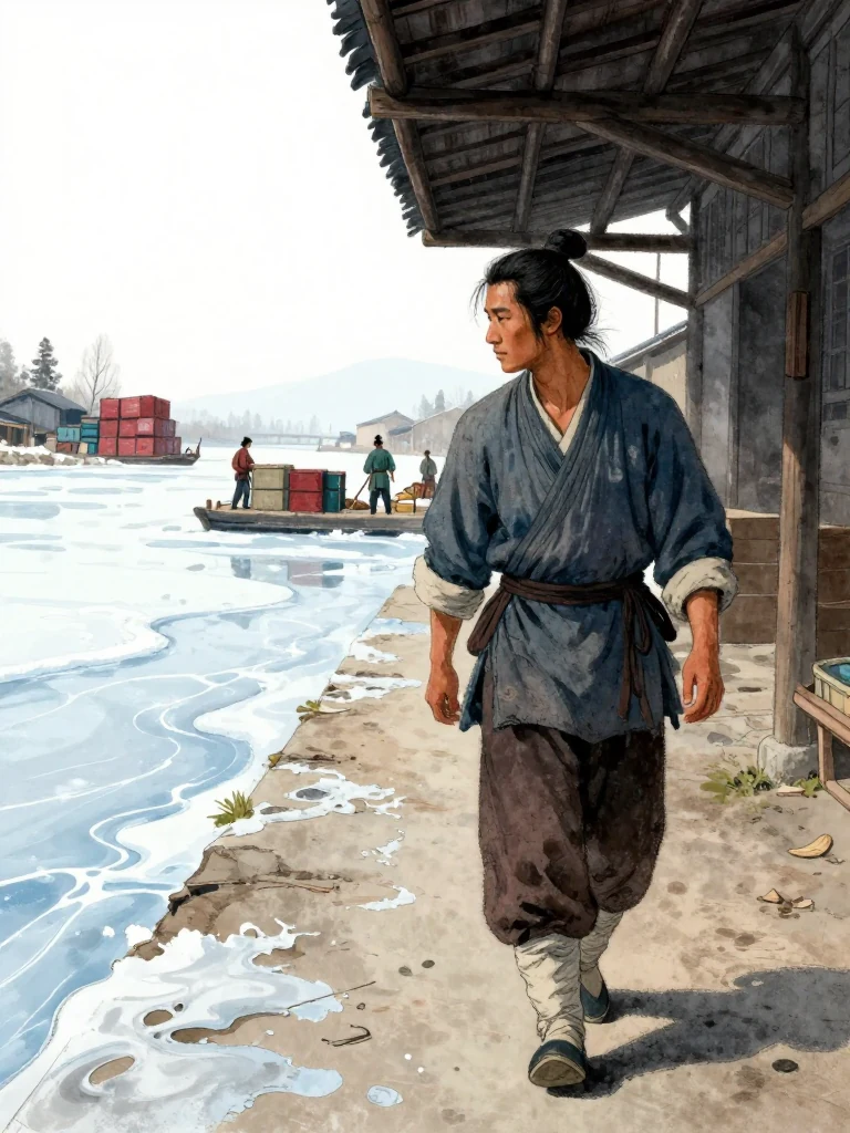 석운담 walks back from the wharf beneath a row of dark warehouse roofs, pace slowed and gaze lowered toward the worn ground. One hand rests against a tired knee while distant porters stack freight beside the winter river. Thickening rim ice, empty cart ruts, and pale late light surround the solitary figure on the return path. Setting: 운주부.