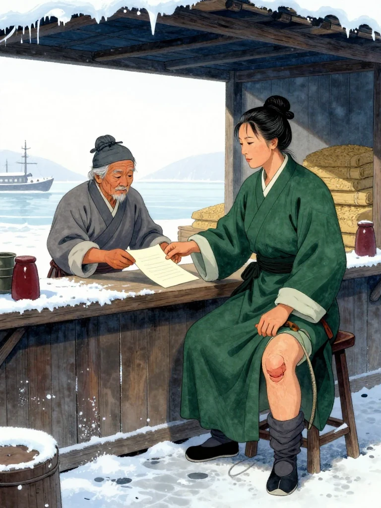 여관영 sits across a low warehouse counter from an elderly clerk in the gray light of a frozen wharf morning. The clerk slides a folded contract inward while the negotiator follows its blank edge with one finger and keeps the other hand near a horse crop. Frost rims the planks, and an open storehouse doorway frames stacked grain behind them. Setting: 운주부.