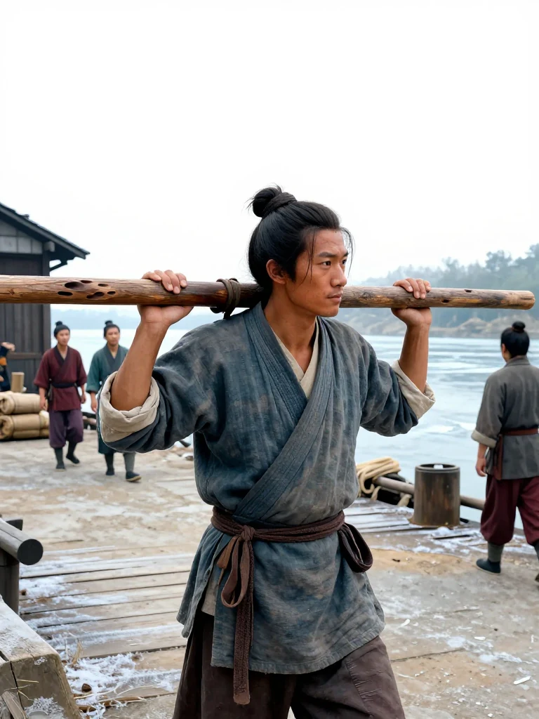 석운담 settles a weathered ash-wood carrying pole across their shoulder at the edge of the wharf yard. Several dock porters glance toward its dark hand-polished curve and irregular carved notches as they pass with loads. Cold dawn light catches the worn shoulder hollow, leather ties, frost-edged planks, and thin river ice beyond the warehouse roofs. Setting: 운주부. Visible objects: 아버지의 멜대.