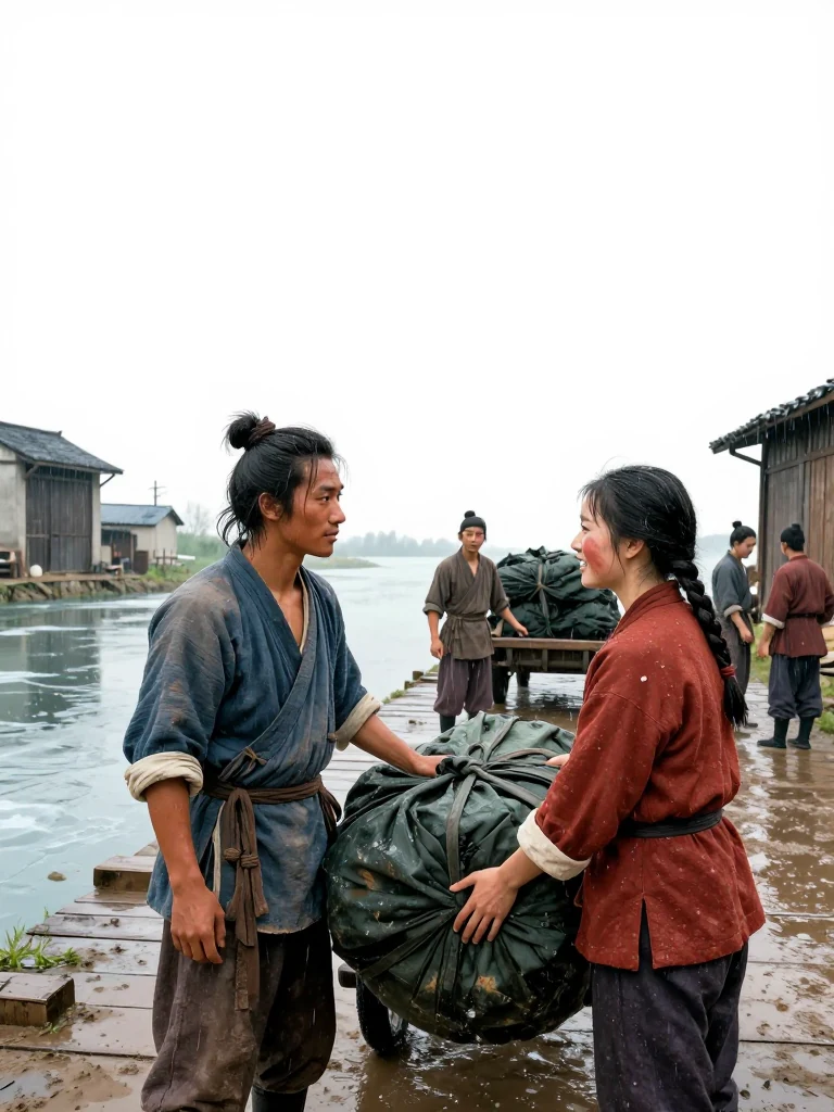 석운담 and an unnamed dock porter share a rain-darkened freight bundle between them across a muddy wharf lane. 유마향 stands beside a handcart, judging another load with a practiced gaze and directing its balance. Nearby laborers study the measured division as cold daylight reflects from wet planks, churned mud, warehouse doors, and thin ice along the river. Setting: 운주부.