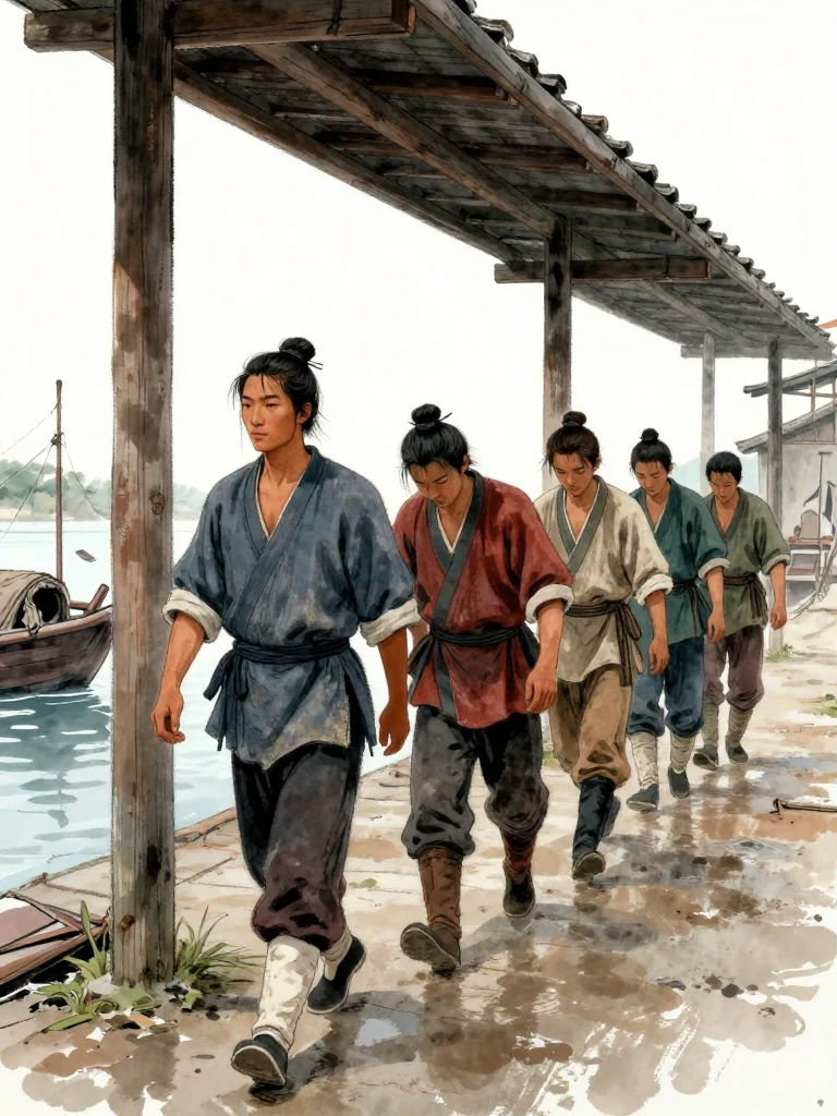 석운담 walks in line with dock laborers beneath a weathered carrying pole, matching each footfall to the open space between their call and response. Their breathing stays even as bundled freight sways across the muddy wharf. Fading light catches wet boots, bent backs, warehouse eaves, and thin ice while the measured cadence carries the line forward. Setting: 운주부. Visible objects: 아버지의 멜대.