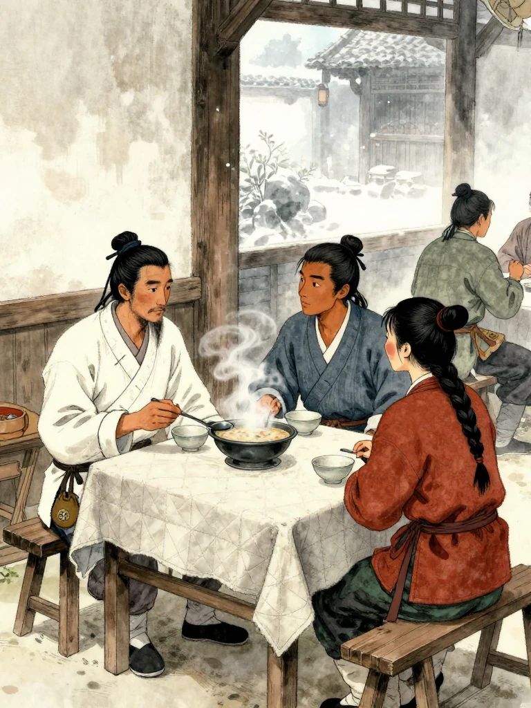 소백원 sits alone at a corner table in a plain quilted outer layer with a merchant's coin pouch, lowering a spoon as 석운담 meets the gaze from the aisle. Steam rises from a simple soup bowl between them. 유마향 takes a separate seat two paces behind, scanning the room while winter daylight filters through fogged glass. Setting: 운주부.