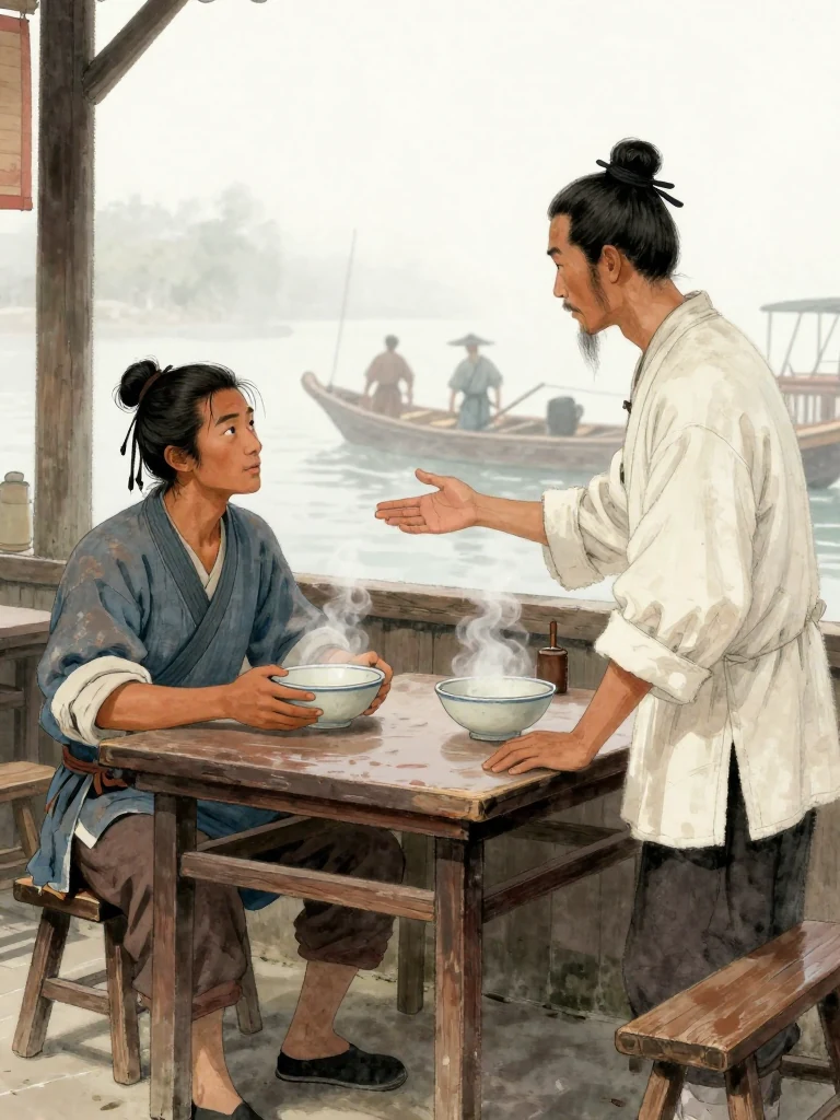 석운담 sits across a small soup-shop table with an emptied bowl held close in both hands. 소백원 remains seated opposite, one hand resting beside a steaming bowl and the other opening toward the listener as the first offer is made. Warm vapor hangs between their steady gazes while dockworkers blur beyond the fogged window in cold daylight. Setting: 운주부.