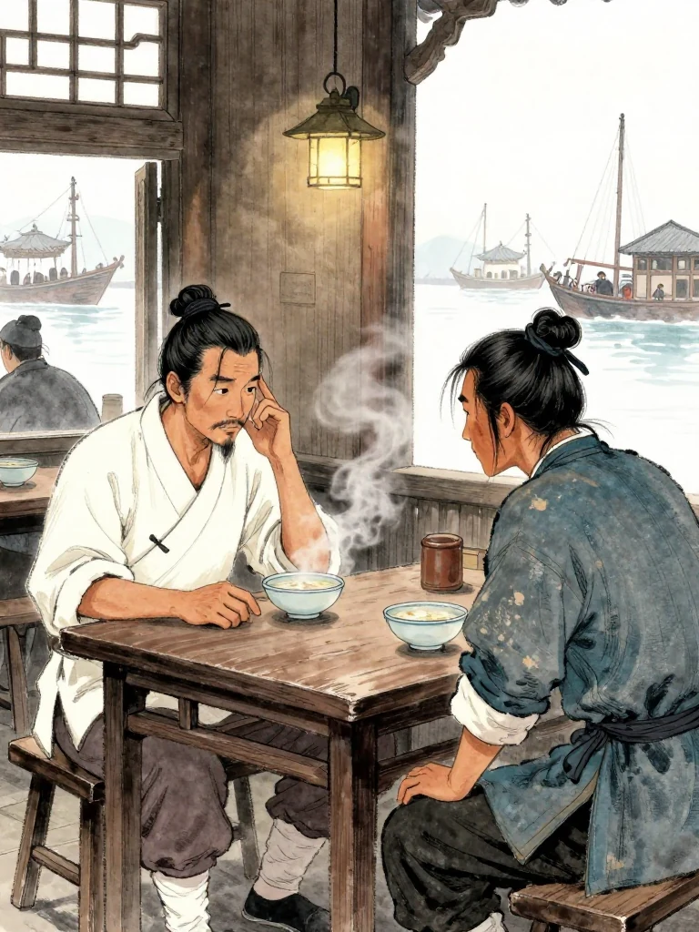 소백원 remains seated at the soup-shop table and gives a small firm shake of the head, fingertips resting beside the bowl. 석운담 leans forward from the opposite seat and studies that reaction. Steam drifts through the narrow space between them, a single lamp warming the timber wall while pale winter light outlines the busy wharf beyond the window. Setting: 운주부.