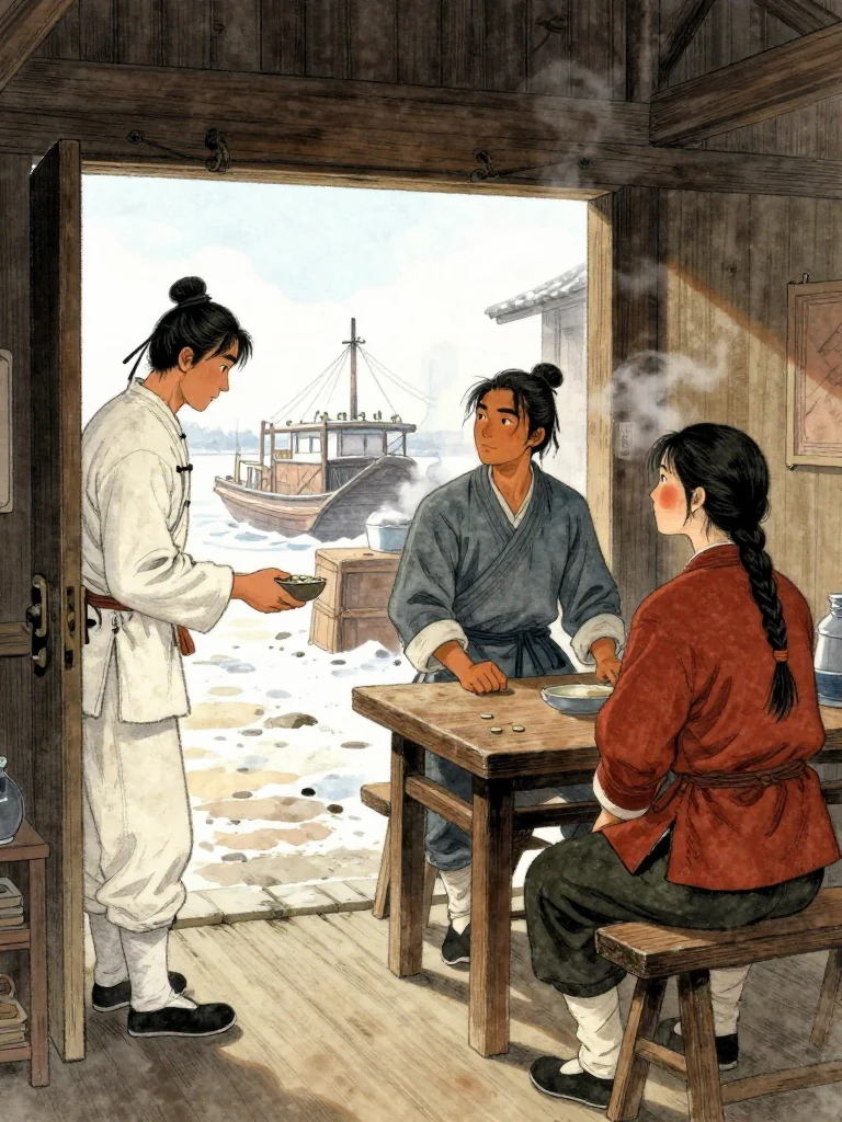 소백원 pauses at the open soup-shop doorway after placing a coin beside the bowl, shoulders squared toward the winter wharf and head held forward. 석운담 remains at the nearest table while 유마향 waits two paces behind. Cold daylight spills across the threshold, dividing the warm timber room and rising steam from stacked freight and dark warehouse eaves outside. Setting: 운주부.