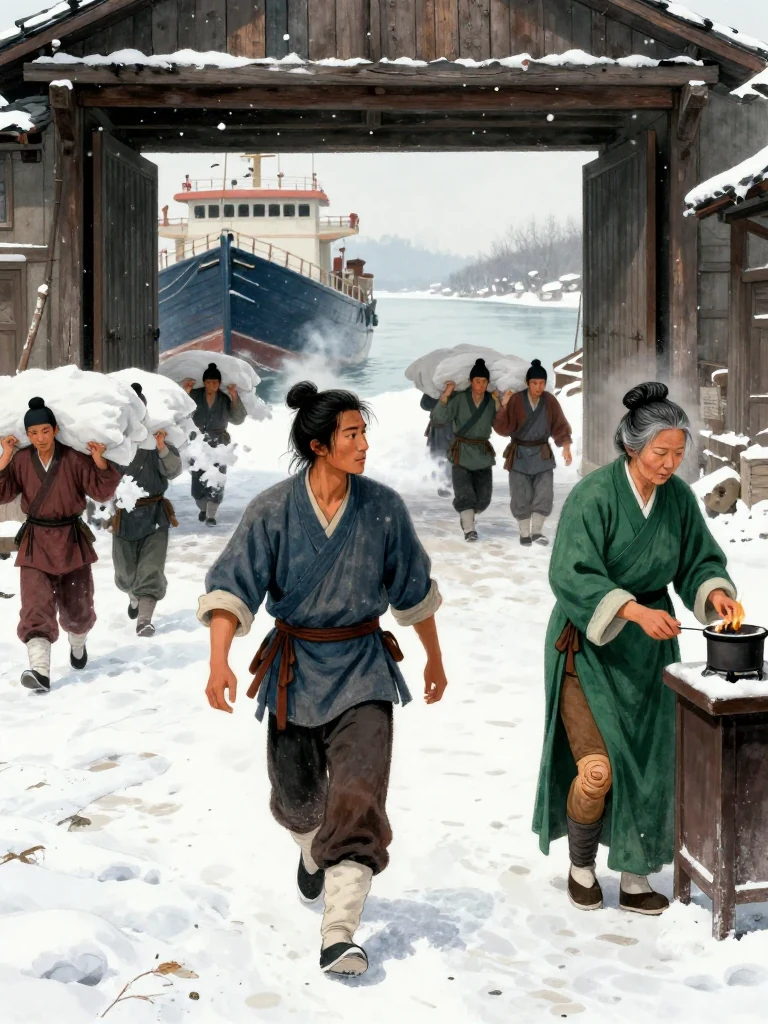 석운담 advances through falling snow beneath a bundled salt load between the moored boat and warehouse doors, breathing in step with a line of porters. 여관영 stands beside the inspection table where an elderly clerk lifts a heated brand from the brazier. Laborers carry loads through the narrowing wharf as smoke curls into the cold river light. Setting: 운주부. Visible objects: 소금 가마니.