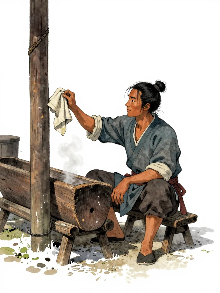 석운담 sits in the sheltered place beside a feed trough, drawing an oiled cloth along the dark curve of a weathered carrying pole. Their knees stay heavy and close beneath the low seat after three days of loads. Amber lamplight catches irregular carved notches, worn wood, rising soup steam, and snowmelt tracked across the crowded wharf tavern floor. Setting: 운주부. Visible objects: 아버지의 멜대.