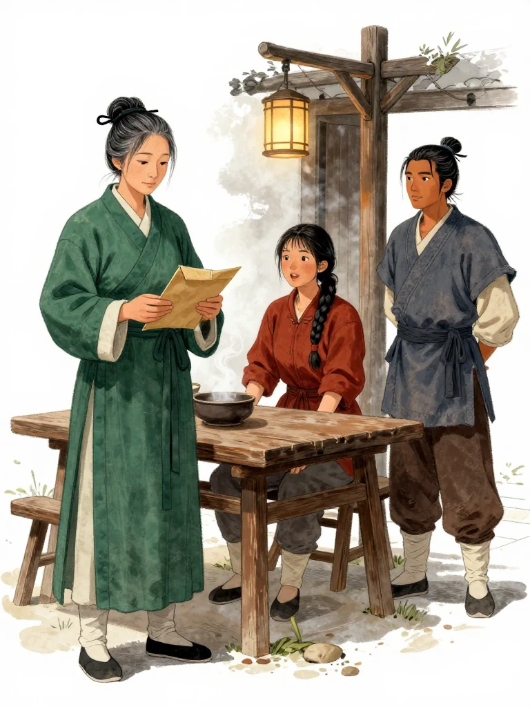 여관영 holds a folded courier packet with its flat surface turned inward, reading the weight of the message in silence. 유마향 stands near the tavern doorway with warmth fading from their posture, while 석운담 observes from beside the cleaned carrying pole. Soup steam, amber lamplight, and frost-clouded glass frame the sudden stillness at their table. Setting: 운주부. Visible objects: 아버지의 멜대.