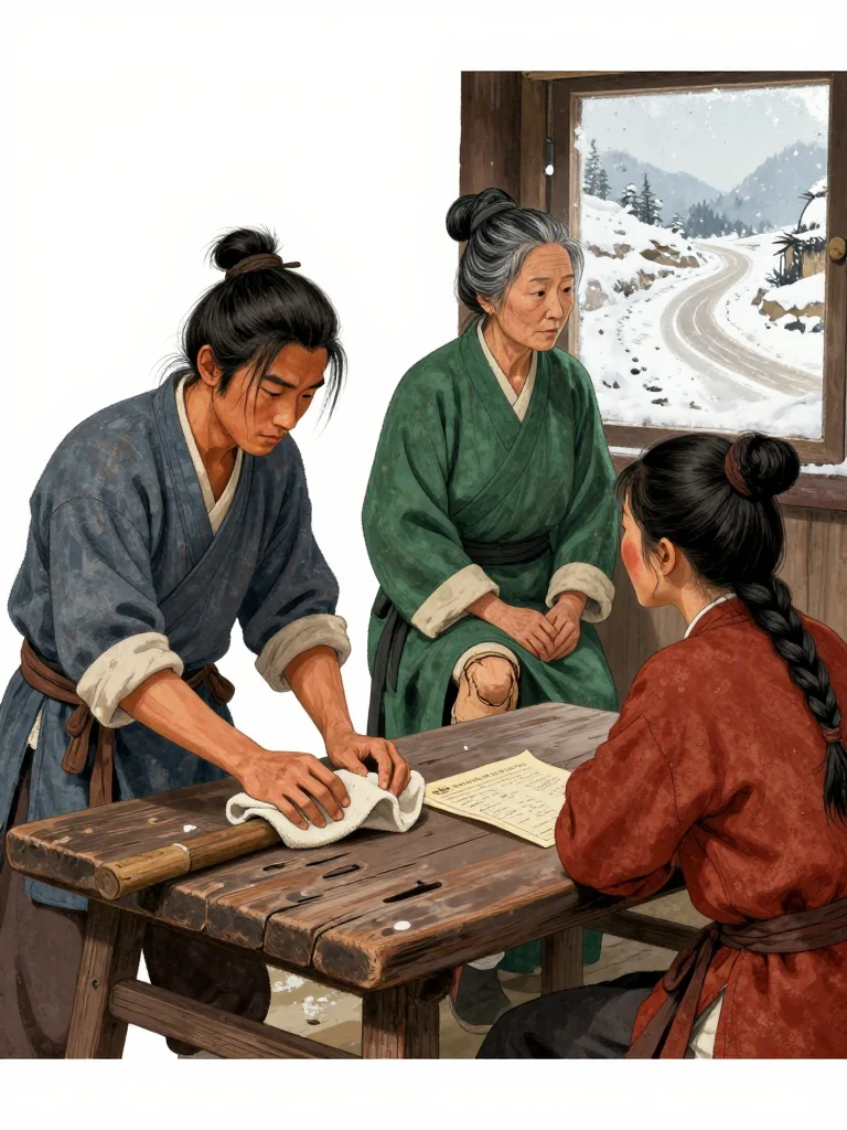 석운담 finishes wiping an old carrying pole at the tavern table, guiding the oiled cloth across its irregular carved notches. 여관영 sits opposite with travel plans settled, while 유마향 leans near the frost-clouded window and studies the road beyond. Snow taps the glass as warm lamplight follows the worn wood and the three figures' ready posture. Setting: 운주부. Visible objects: 아버지의 멜대.